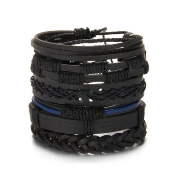 Men's Genuine Leather Black & Blue Braid Bracelet Set - Picture 1 of 3